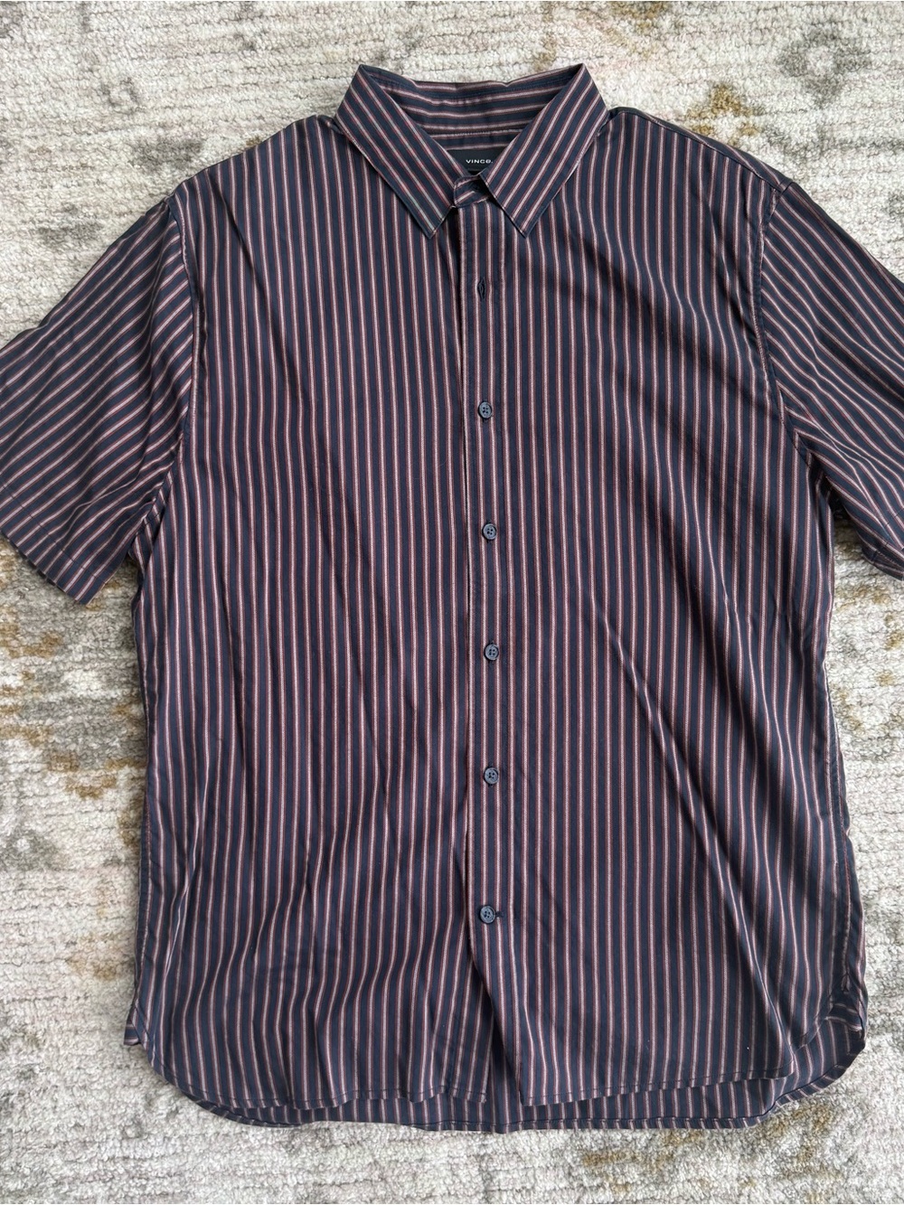 Vince Burgundy and Navy Striped Short-Sleeve Button-Up Shirt